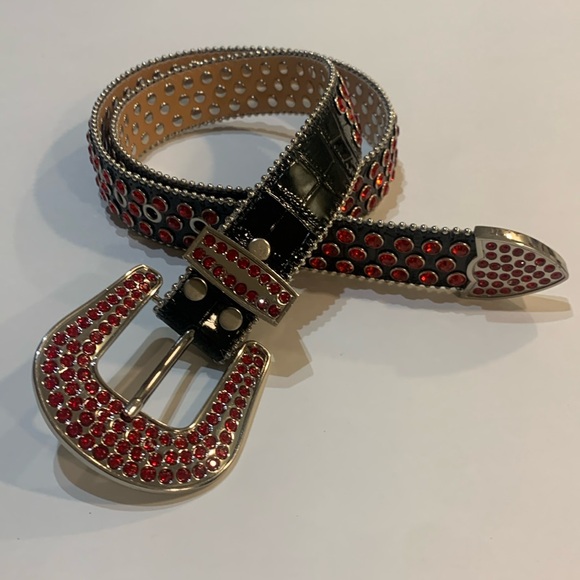 Red and Black Rhinestone Western Designer Belt - Picture 1 of 6